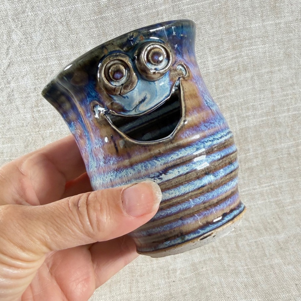 Vintage Studio Pottery Face Creamer Blue Purple Handmade Pitcher